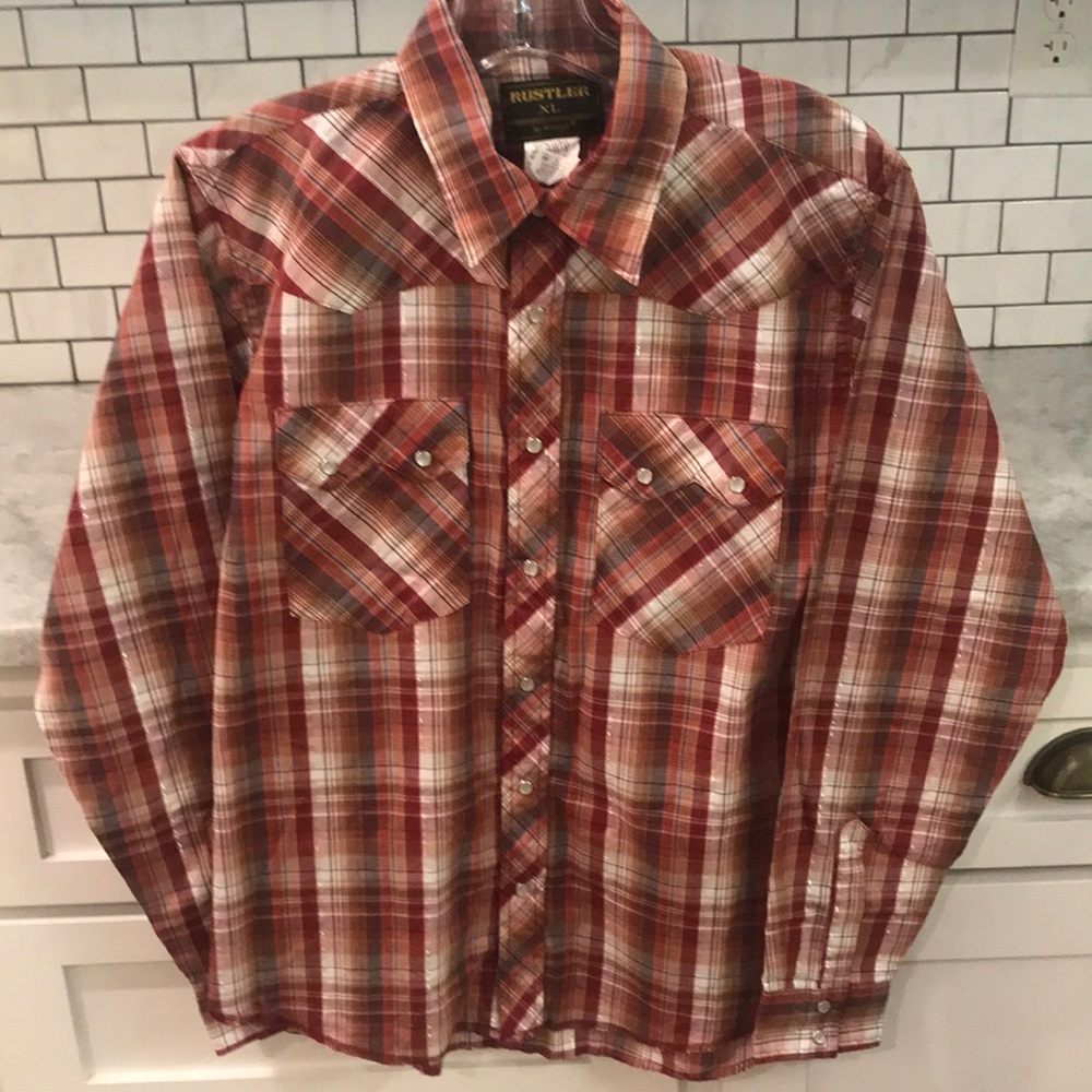 Rustler Wrangler Pearl Snap Shirt Boys XL Red Plaid Button-Up Saw Tooth Rodeo